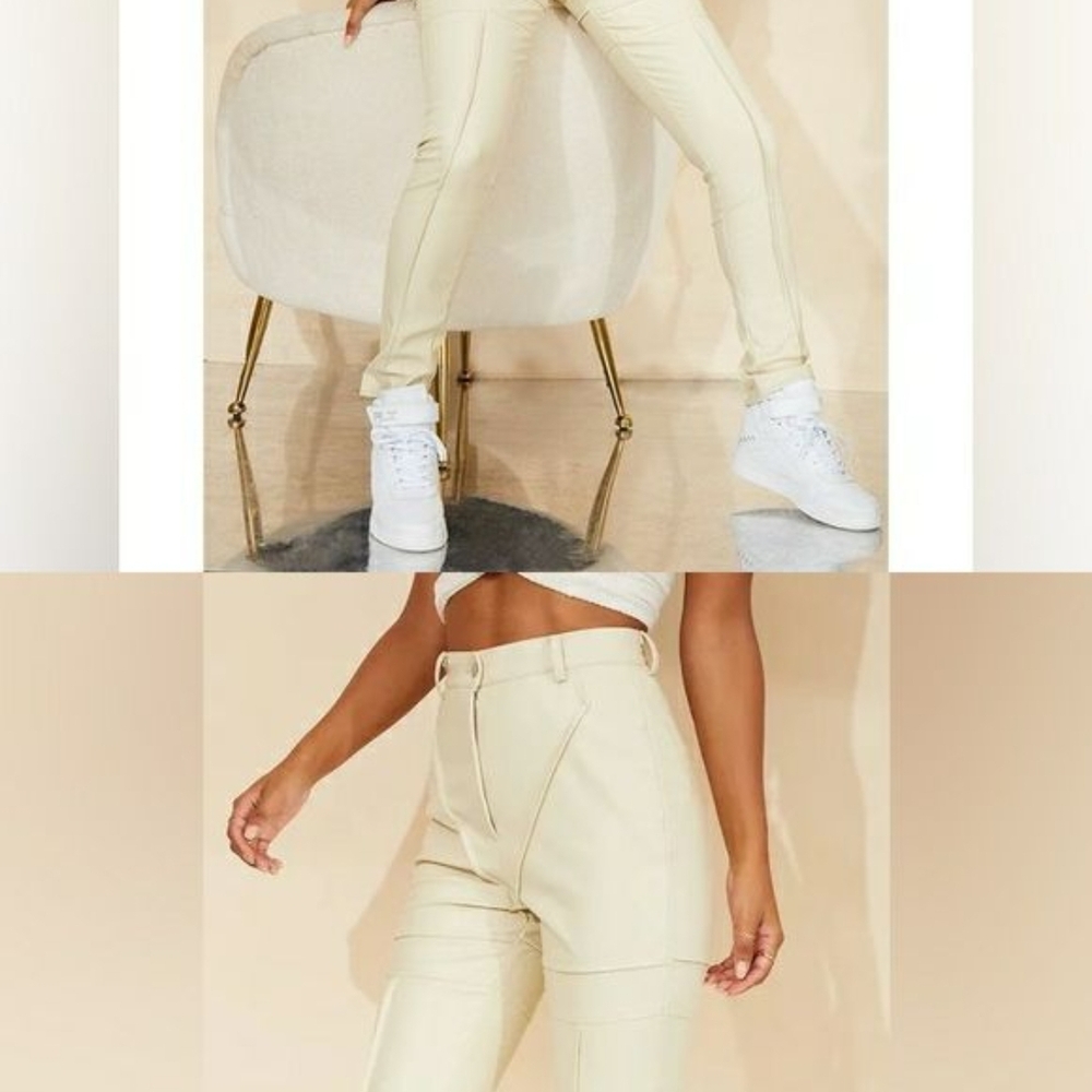 PrettyLittleThing Women's Faux Leather Contrast Panels Cream Skinny Pants